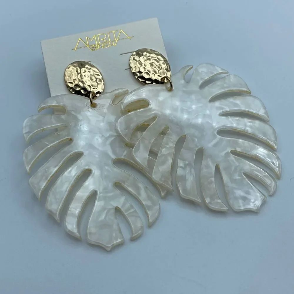 Amrita Singh Palm White Marbleized Leaf Large Statement Earring